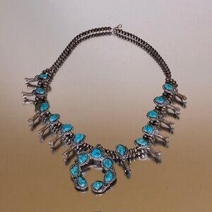 Navajo Turquoise Squash Blossom Sterling Silver Signed Necklace w/NAJA